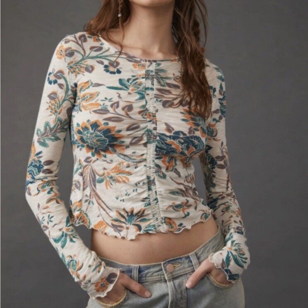 FREE PEOPLE DREAMED OF YOU RUCHED TOP HAS FEATURE DOWN FRONT SCALLOP HEMLINE NWT